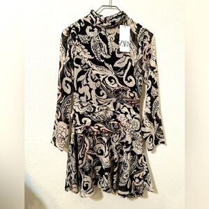 ZARA Jumbo Paisley Print Draped Mock Neck Long Sleeve Dress NWT